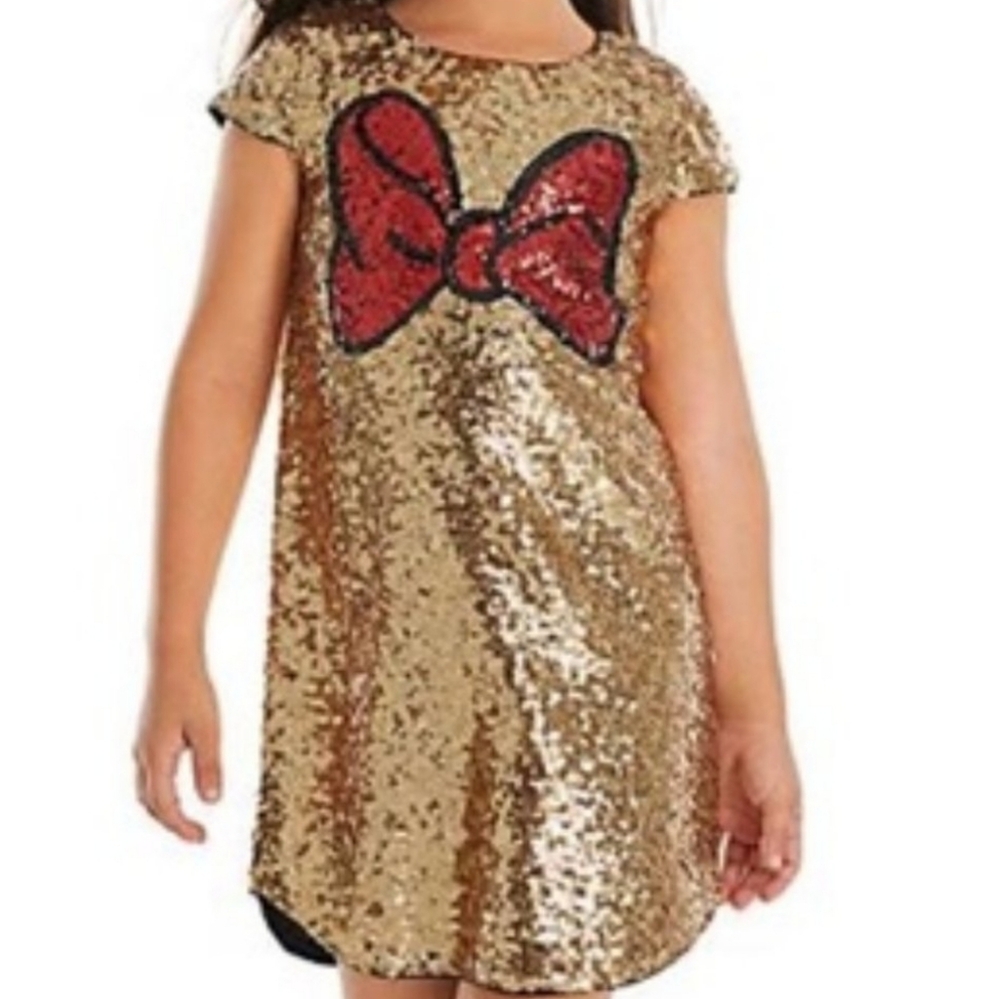 Girls Disney Minnie Mouse Gold Sequin Shift Dress - Picture 1 of 16